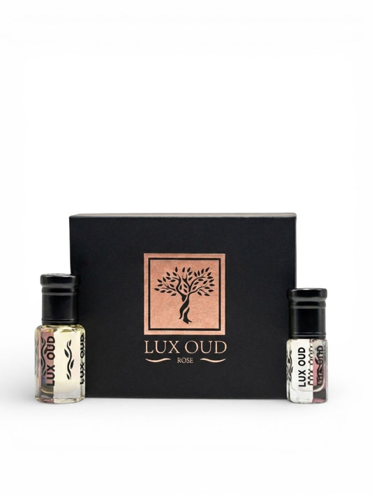 Lux Oud Hibiscus Sweet UAE Exclusive perfume box with 3ml and 6ml bottles, featuring vibrant hibiscus floral design.