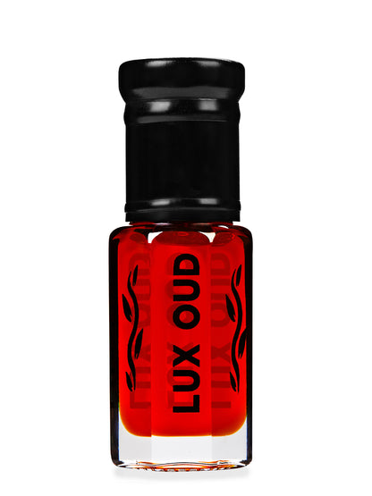 Lux Oud Burnt Amber red musk perfume in a 3ml bottle, showcasing warm amber and deep red hues with elegant packaging.