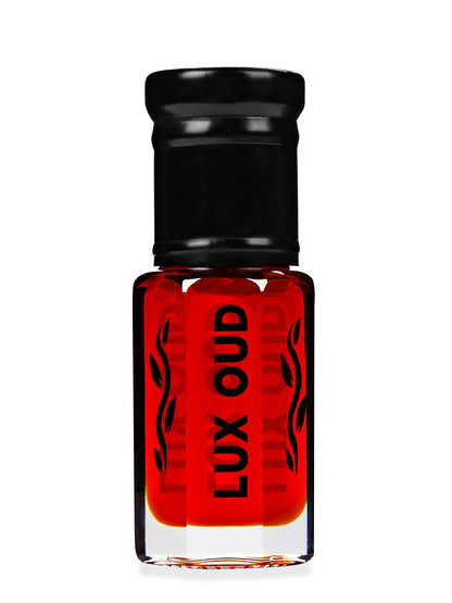 Lux Oud Burnt Amber red musk fragrance in a 6ML bottle, with warm amber and musk notes in a sleek glass container.