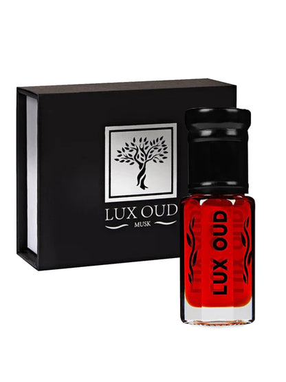Burnt amber red musk perfume oil by Lux Oud, showcasing a warm amber-colored bottle with elegant branding and a luxurious appearance.