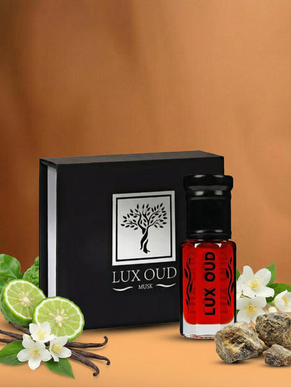 Burnt amber red musk perfume oil by Lux Oud, featuring warm amber tones and rich musk notes in a luxurious bottle.