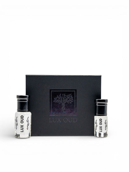 UAE exclusive Lux Oud Arabian Secret Musk perfume bottle with elegant design and amber-colored liquid inside.