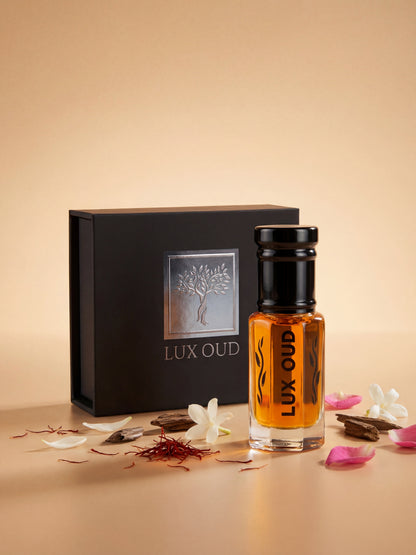 Lux Oud Cashmere Oud perfume oil in a elegant bottle, showcasing the luxurious cashmere and oud scent blend.