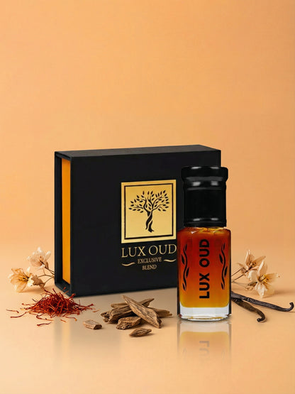 Lux Oud Exclusive Blend Oud perfume oil in a glass bottle, showcasing a luxurious fragrance from the Lux Oud collection.