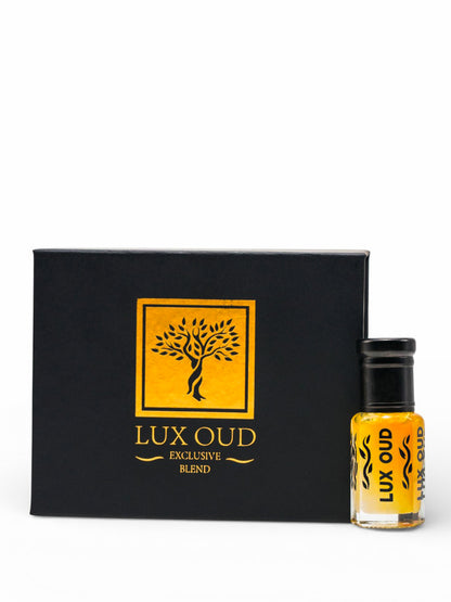 Lux Oud Hindi Oud-Musk Blend UAE exclusive 6ml box, showcasing a luxurious fragrance with oud and musk notes in elegant packaging.