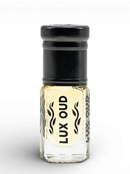 UAE exclusive Lux Oud Khamrah Oud fragrance in a 3ml bottle with intricate design and amber-colored liquid, luxurious perfume scent