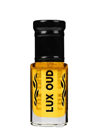 Lux Oud Oriental Leather Oud oil in a glass bottle with a dark wood cap, showcasing its rich, luxurious fragrance.