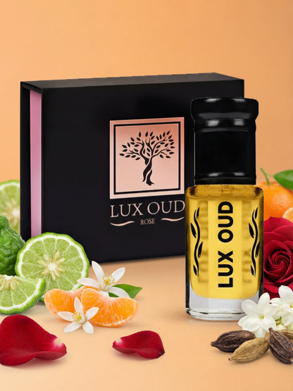 Lux Oud Oriental Leather Oud perfume oil in a sleek bottle, showcasing its rich, exotic leather and oud fragrance.