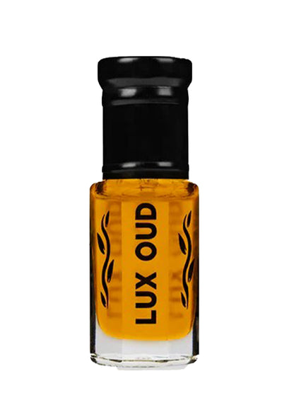 Lux Oud Persian Ambre oud oil bottle with intricate design, showcasing rich amber-colored fragrance in a luxurious glass container.