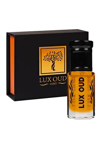 Lux Oud Persian Ambre Oud oil in a glass bottle, showcasing its rich, warm amber color and elegant packaging.