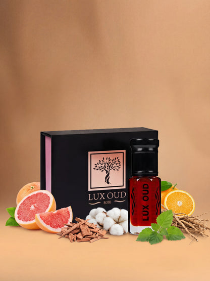Bottle of Whispering Mist perfume oil by Lux Oud, featuring elegant packaging and the fragrance bottle on a neutral background.