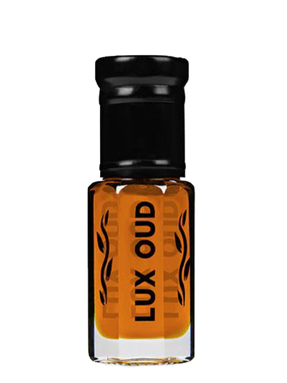 Lux Oud Zafran Mystique oud oil bottle with elegant packaging, showcasing rich amber-colored fragrance oil in a sleek container.