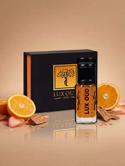 Lux Oud Zafran Mystique Oud perfume oil in a sleek bottle, showcasing rich amber color and elegant packaging.